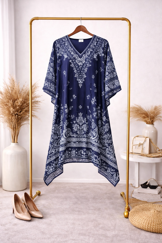 Navy Blue Ethnic Print Satin Silk Kaftan Dress
