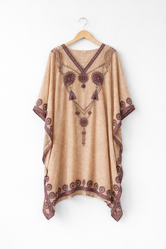 Beige & Maroon Ethnic Print Satin Silk Kaftan Dress