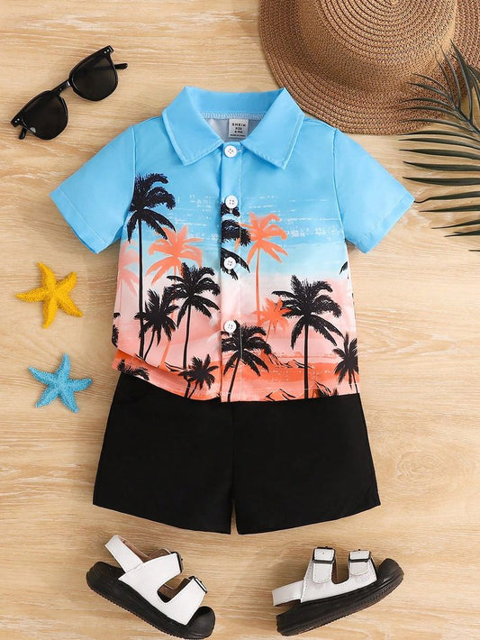 Baby Boys Cotton Lycra Tropical Palm Print Shirt & Shorts Set – Summer Beach Co-ord Outfit (0–5 Years)