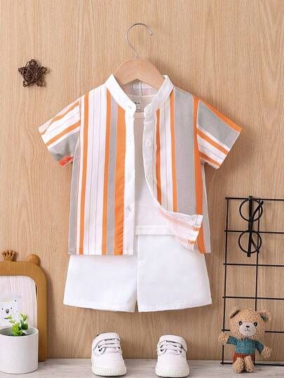 Baby Boys Cotton Lycra Striped Shirt & Shorts Set – Minimal Summer Co-ord Outfit (0–5 Years)