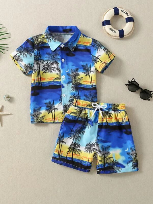 Baby Boys Cotton Lycra Tropical Beach Print Shirt & Shorts Set – Summer Vacation Co-ord Outfit (0–5 Years)