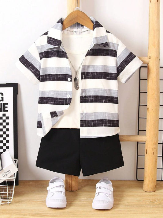 Baby Boys Cotton Lycra Striped Shirt with Inner T-shirt & Shorts Set – Smart 3-Piece Co-ord Outfit (0–5 Years)