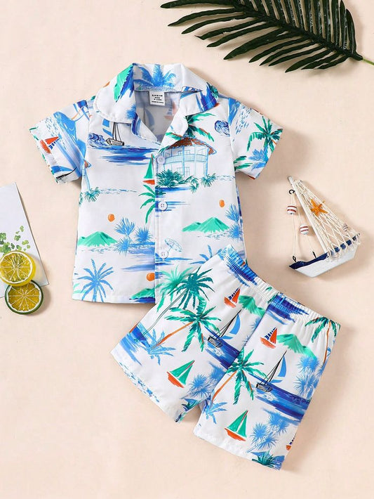 Baby Boys Cotton Lycra Beach Print Shirt & Shorts Set – Tropical Summer Co-ord Outfit (0–5 Years)
