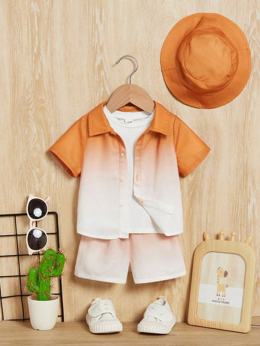 Baby Boys Cotton Lycra Ombre Shirt with Inner T-shirt & Shorts Set – Stylish 3-Piece Summer Co-ord Outfit (0–5 Years)