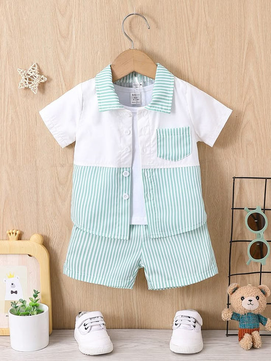 aby Boys Cotton Lycra Striped Shirt with Inner T-shirt & Shorts Set – Summer 3-Piece Co-ord Outfit (0–5 Years)