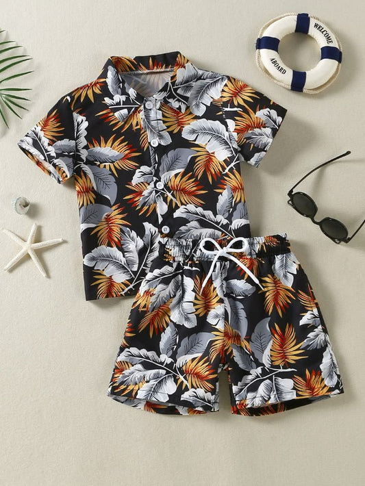 Baby Boys Cotton Lycra Tropical Leaf Print Shirt & Shorts Set – Summer Beach Co-ord Outfit (0–5 Years)