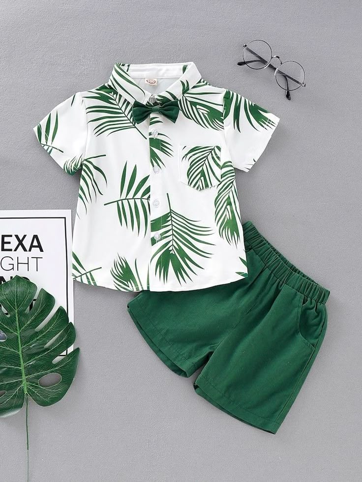 Baby Boys Cotton Lycra Palm Leaf Print Shirt with Bow Tie & Shorts Set – Stylish Summer Co-ord Outfit (0–5 Years)