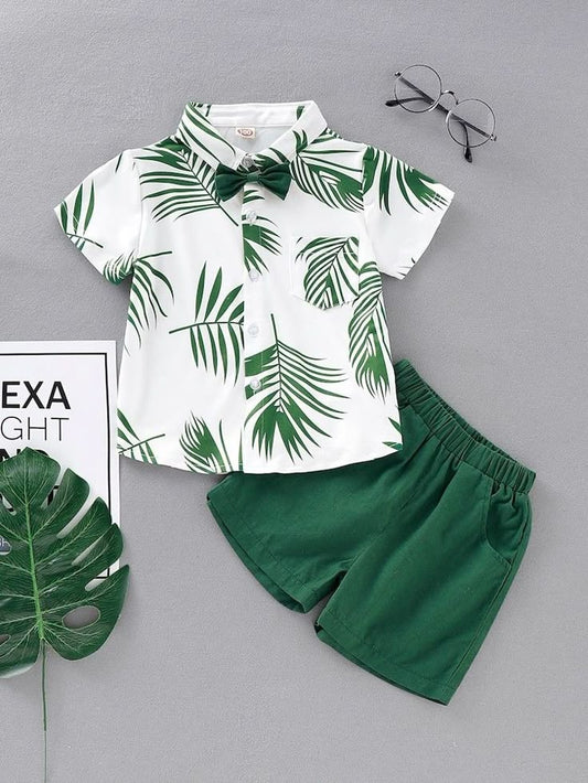 Baby Boys Cotton Lycra Palm Leaf Print Shirt with Bow Tie & Shorts Set – Stylish Summer Co-ord Outfit (0–5 Years)