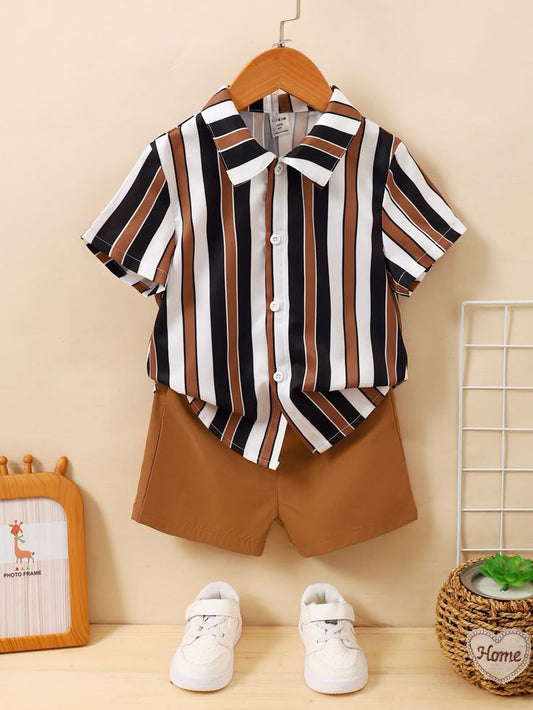 Baby Boys Cotton Lycra Striped Shirt & Shorts Set – Stylish Co-ord Outfit (0–5 Years)