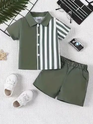 Baby Boys Cotton Lycra Half & Half Striped Polo T-Shirt & Shorts Set – Stylish Co-ord Outfit (0–5 Years)