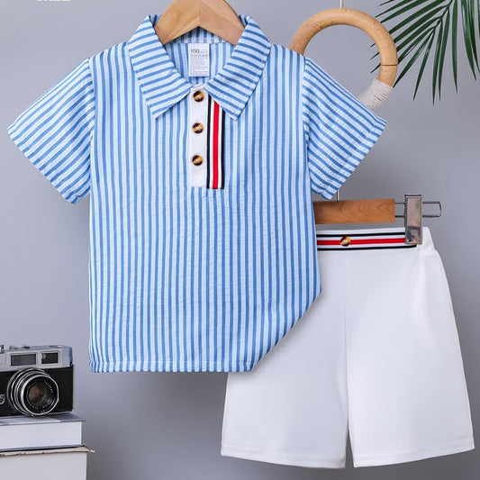 Baby Boys Cotton Lycra Striped Polo T-Shirt & Shorts Set – Smart Summer Co-ord Outfit (0–5 Years)