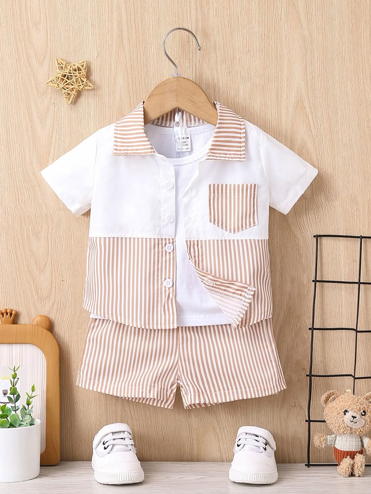 Baby Boys Cotton Lycra Striped Shirt with Inner T-shirt & Shorts Set – Stylish 3-Piece Co-ord Outfit (0–5 Years)