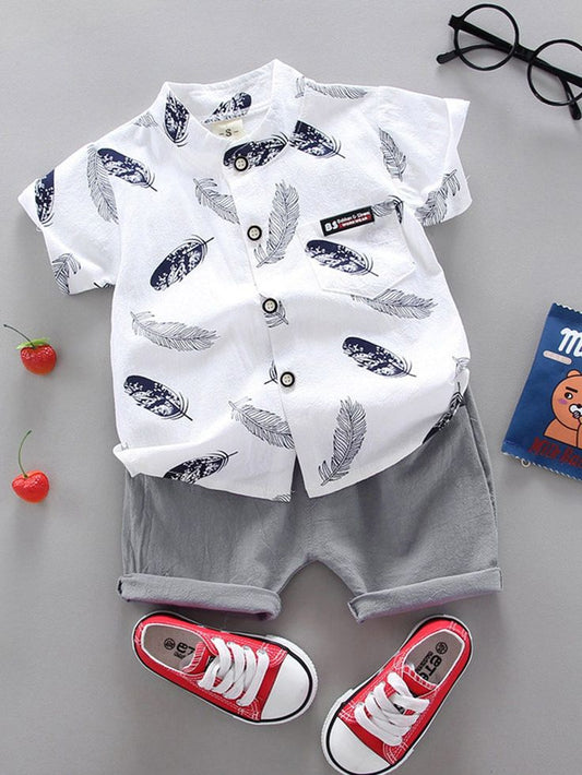 Baby Boys Cotton Lycra Feather Print Shirt & Shorts Set – Stylish Co-ord Outfit (0–5 Years)