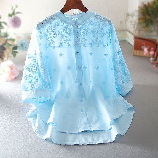 Elegant Blue Shirt Tunic with Detailed Flower Embroidery