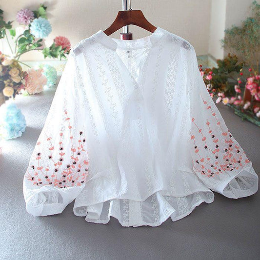 White Long Sleeve Tunic with Pink & Black Floral Embroidery