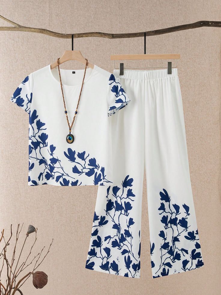 Trendy White Coord Set with Navy Blue Botanical Print