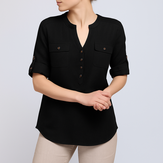 Rolled Sleeve Cotton Top in Black with Duel Pocket