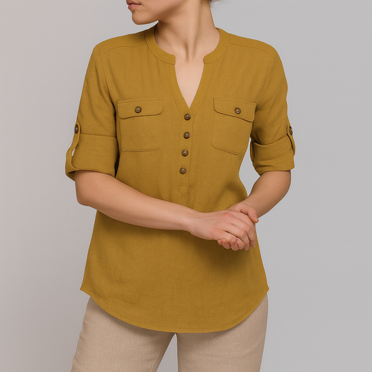 Rolled Sleeve Cotton Top in Yellow with Duel Pocket