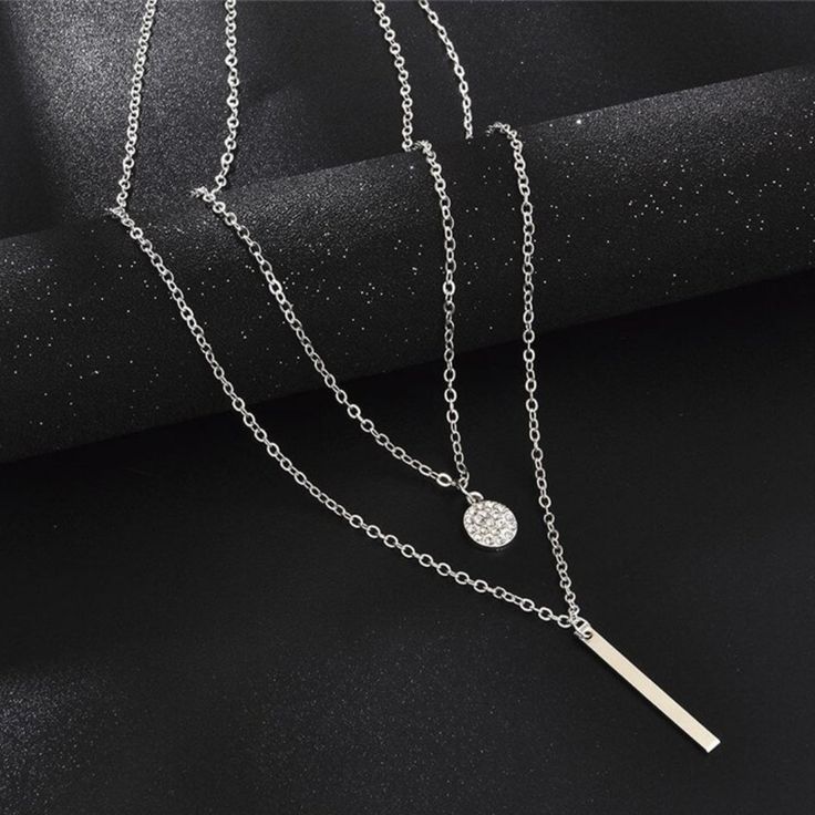 Minimalist Layered Silver Necklace with Crystal Pendant and Bar Charm