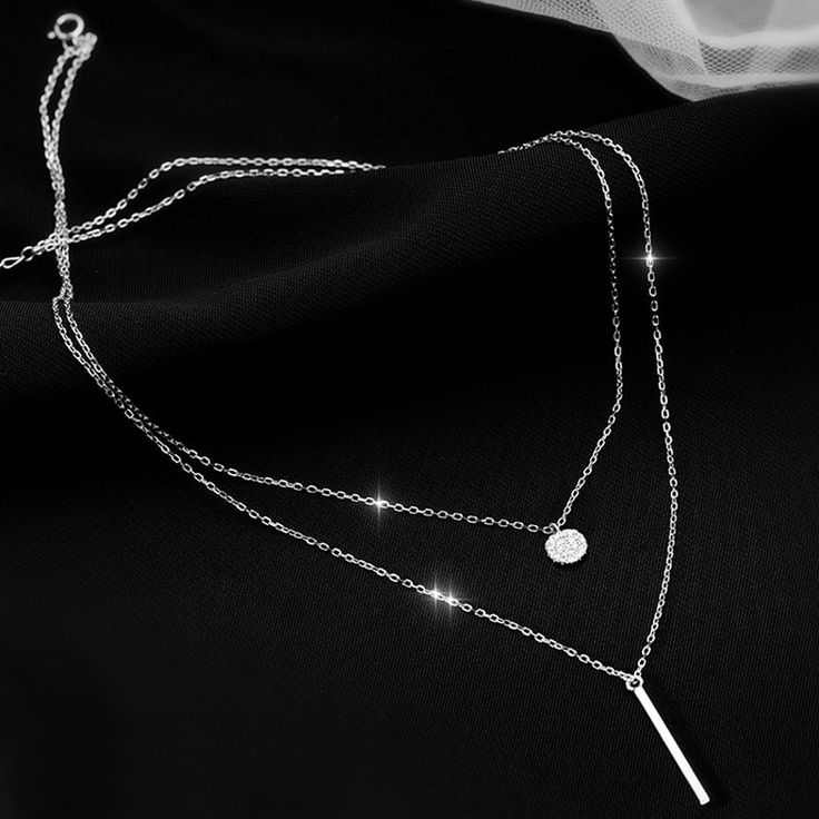 Minimalist Layered Silver Necklace with Crystal Pendant and Bar Charm